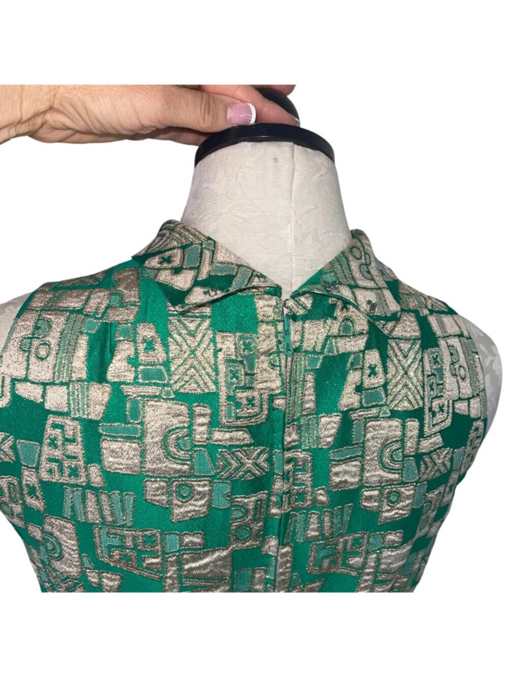 Vintage Womens Pleated Maxi Dress Size Small Green Gold Geometric Print Casual - Picture 9 of 16